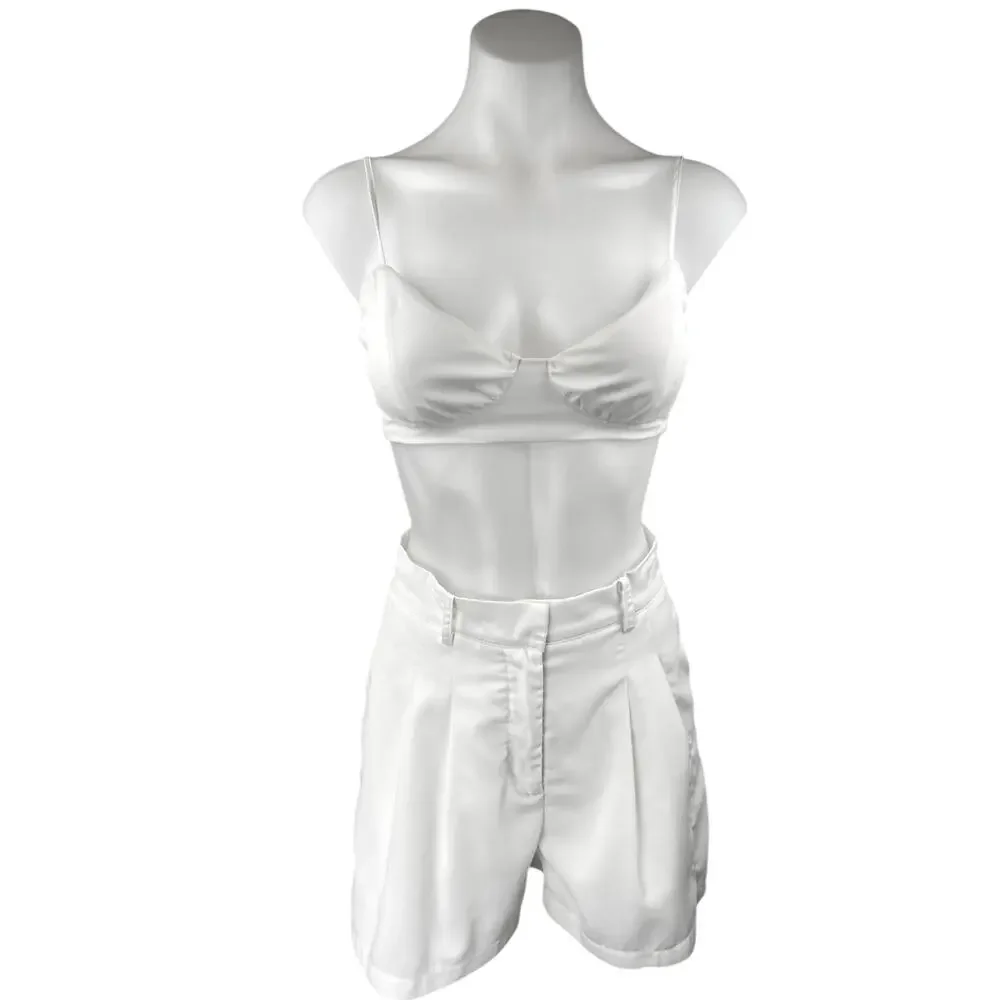 Princess Polly White Sleeveless Bralette Pleated High Waist Shorts 2 Pc Set Sz 2